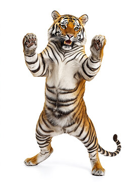 happy tiger dance , stand up by two legs and funny dance , smile, realistic pose, full body, natural light, full hd 8K, white isolated background, hyperrealistic photography