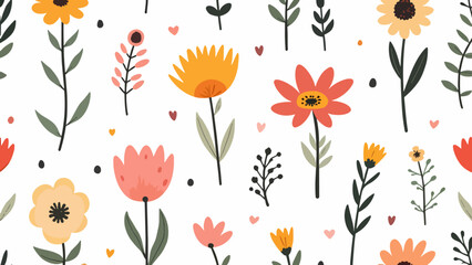 Seamless pattern with flowers, Hand drawn Flowers and branches in Scandinavian style. Cute Spring summer plants botanical Background