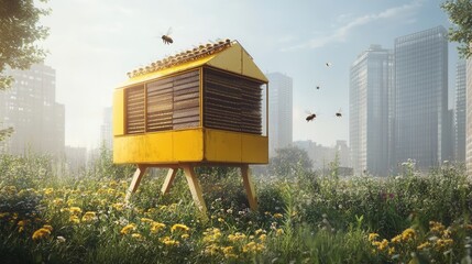 A bright yellow beehive stands in a field with flying insects