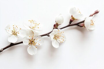 Close up of a blossoming branch with white flowers and yellow stamens on a white background studio shot