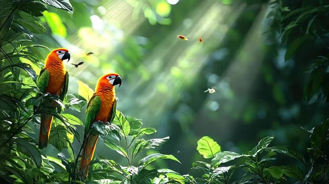 Sunlit parrots perched on lush green foliage