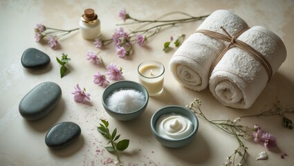 Spa arrangement featuring body care and beauty treatment items with flowers in the background. Healthy and wellness theme. Flat lay approach.