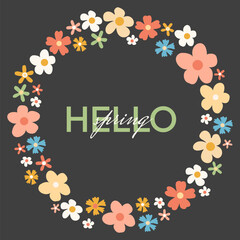 Floral vector wreath with space for text in flat style. Composition of abstract simple and cute flowers. Garden theme for design of card, banner, invitation.