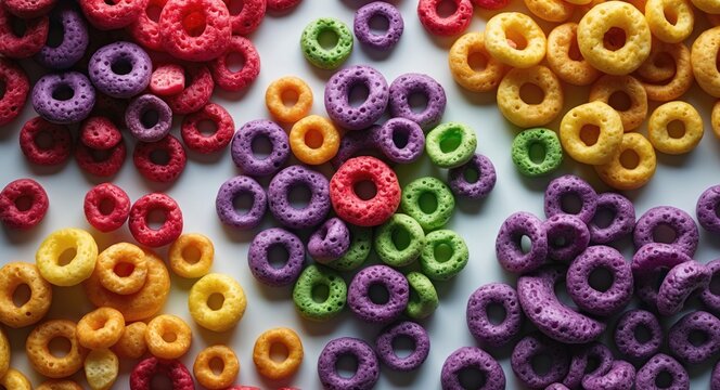 Texture featuring colorful fruit breakfast cereal organized by color and without milk.