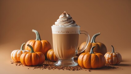 Spice pumpkin latte served in a glass surrounded by pumpkins, with copy space and a top view perspective.