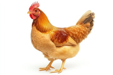 Fototapeta premium A golden brown chicken standing on a white surface in a studio setting with bright lighting used