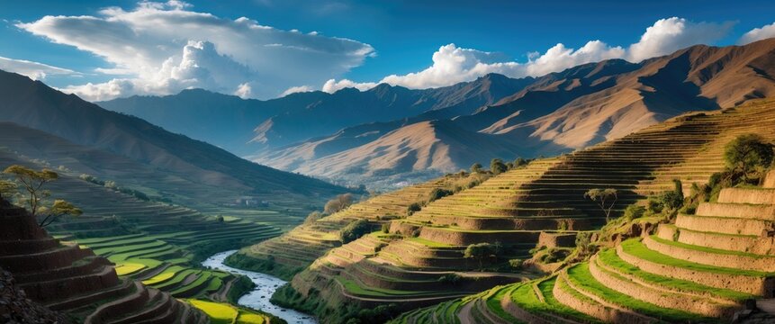 terraces and village in the Andes mountains