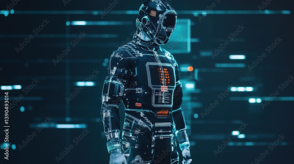 Poster a futuristic figure stands in front of a data stream