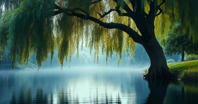 A willow tree stands by a misty lake, its branches reflected in the water.