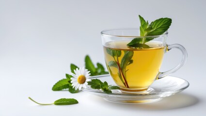 Calming herbal tea mixture featuring mint and chamomile. Isolated on background.