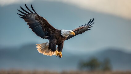 Obraz premium Soaring Bald Eagle in flight near Harrison.