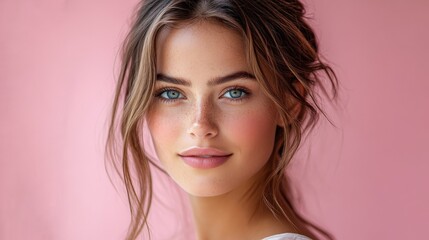 Fototapeta premium Portrait of a Beautiful Young Woman with Blue Eyes Against a Soft Pink Background