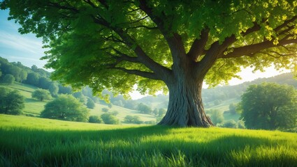 Spring meadow featuring a large tree with fresh green foliage.