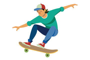 A skateboarder executes a mid-air trick while skateboarding in a vibrant park, showcasing youthful energy and skill under clear skies.