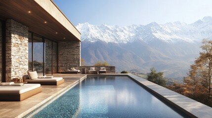 Fototapeta premium Luxurious modern villa with breathtaking mountain view and serene infinity pool on a sunny day