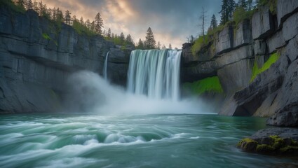 Snoqualmie Falls in slow motion with a long exposure cascading into the splash pool.