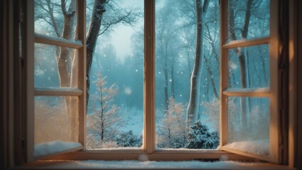 Snow-covered forest view seen through a white window.