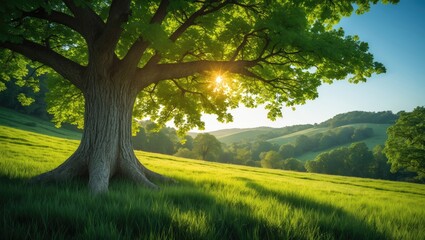 Obraz premium Spring meadow featuring a large tree adorned with fresh green leaves.