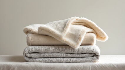 Soft blankets stacked on a background.