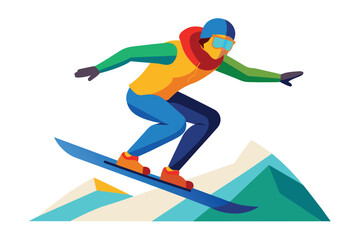 Obraz premium A skilled snowboarder performs a dynamic trick while gliding down a snowy slope, dressed in bright winter clothing, surrounded by colorful mountain peaks.