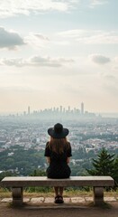 Obraz premium Woman in black dress and hat overlooking expansive cityscape with skyline and clouds