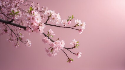 Fototapeta premium Spring blossoms blooming on a pink background, close-up with copy space, flowers on a tree branch. Pastel pink backdrop featuring delicate blooms. Springtime theme.