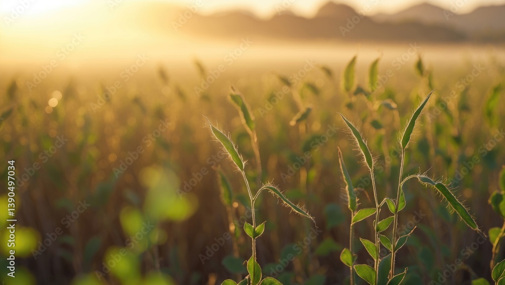 Poster soybean illuminated by sunlight. focused detail on specific aspect.