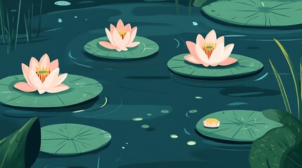 Three pink water lilies on lily pads in a pond.