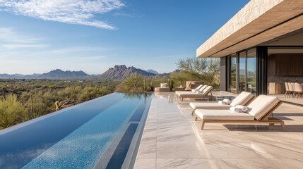 Obraz premium Stunning Modern Villa with Infinity Pool Overlooking Serene Desert Landscape and Majestic Mountains