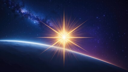 Star of Jesus. Christmas nativity scene featuring a planet against a dark blue night sky with a bright star.