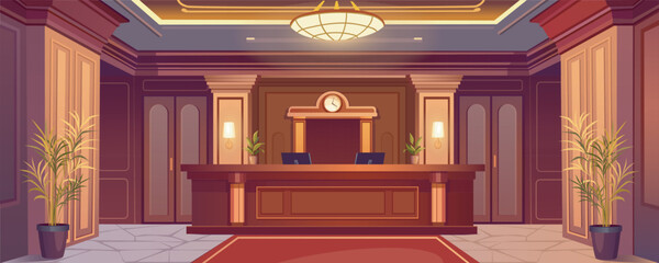 Luxury lobby interior background banner for game design. Hotel or office reception with registration desk with computers, classic style walls and red carpet, lamps, plants. Vector cartoon illustration