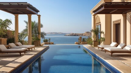 Fototapeta premium Luxurious Poolside View of Serene Landscape with Clear Blue Waters and Elegant Architecture in Bright Sunshine