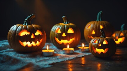 Fototapeta premium Spooky season decorations. Carved pumpkins alongside a small ghost and child Jack-o'-lantern illuminated by candles.