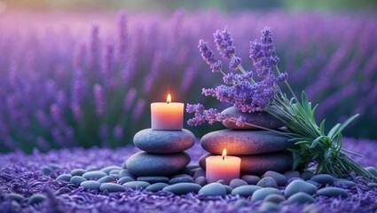 Spa still life featuring a stack of stones, lit candles, and lavender flowers.