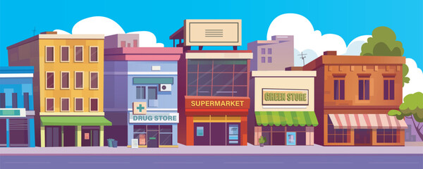 Street landscape with small shops and houses background banner for game design. Urban cityscape with apartment buildings exterior, facades of drug store and supermarket. Vector cartoon illustration © alexdndz