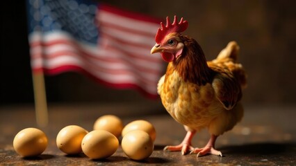 Proud American hen with golden eggs and patriotic flag background