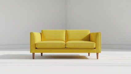 Soft yellow sofa sits on a white isolated background, comfortable fabric couch is positioned alone against the white wall.