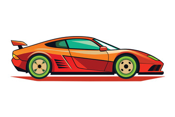 Naklejka premium This vibrant orange sports car, featuring green wheels, is captured in a side view. Its streamlined shape and racing-inspired design highlight its dynamic features.