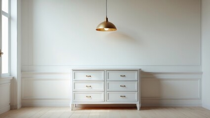 Chic chest of drawers with lamp positioned against wall