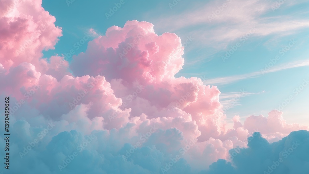 Poster soft pink clouds in a light blue sky, creating a calming and dreamy ambiance.