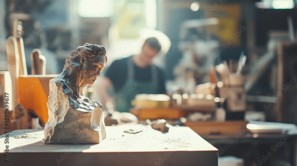 Poster a stone bust sits on a table in an art studio