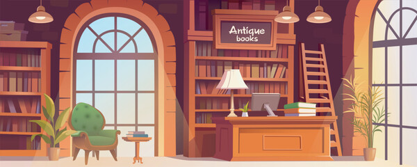 Library interior with antique books background banner for game design. Bookstore room with desk and computer, bookcases and shelves, ladder, lamps, armchair by window. Vector cartoon illustration