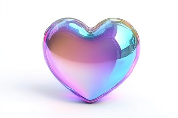 A shimmering iridescent heart shaped object on a white surface with a subtle shadow beneath it