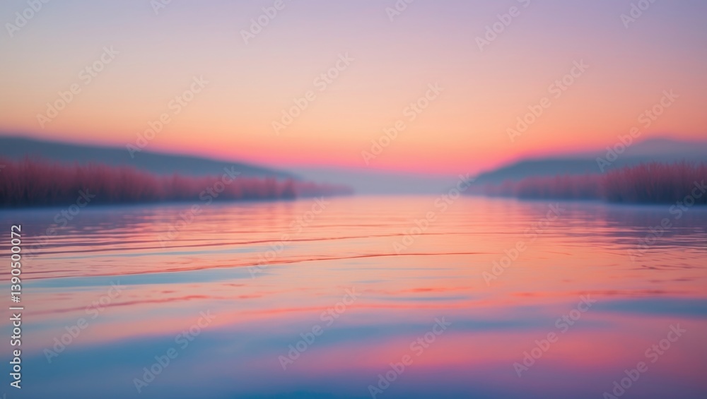 Poster soft shades of orange and pink merge in this tranquil sunset view over a gently flowing river, creat