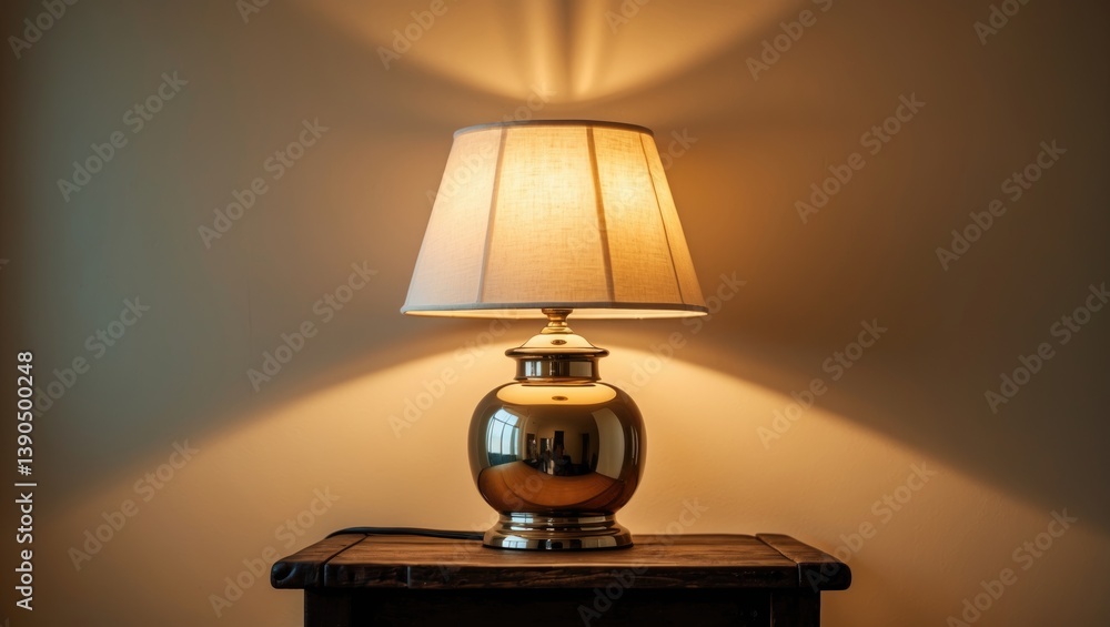 Poster stylish illuminated night lamp placed on a table in a room. area available for text.