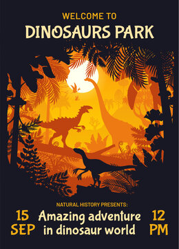 Dino park flyer or poster with dinosaurs in Jurassic forest jungle, vector background. Kids dino adventure or amusement park poster with prehistoric lizards and cartoon reptiles for dinosaurs museum