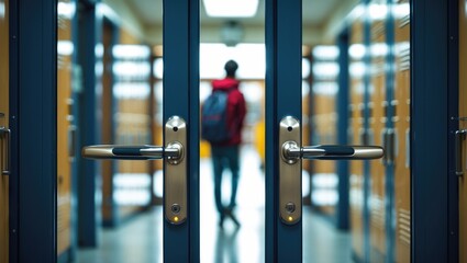 Student returning to school in person. Concept of student life at school. See-through lockers and a student standing in the background.