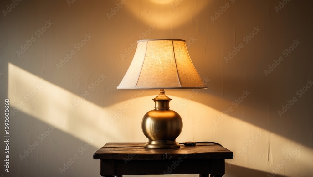 Poster stylish illuminated night lamp on a table within a room. space available for text.