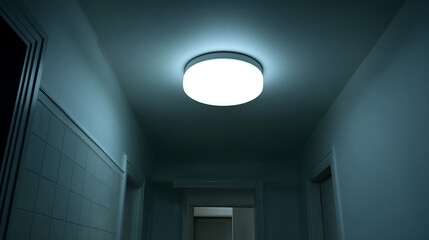 Ceiling light barely illuminating pale room above