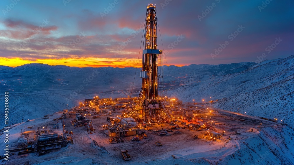 Leinwandbilder a large drilling rig illuminated against a twilight sky works on extracting petroleum in a snowy, mo